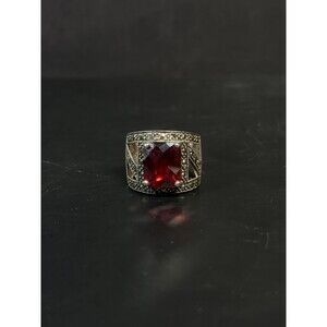 Sterling Silver Garnet Ring Marcasite 925 Cushion Cut Statement Ring Size 7